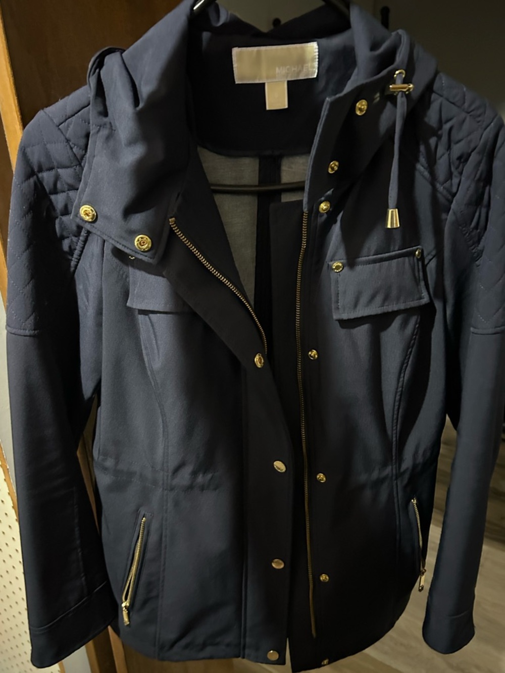 MICHAEL Michael Kors Quilted Navy Utility Jacket with Gold Hardware